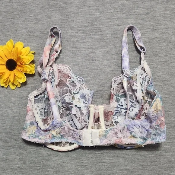 Vintage Watercolor Rainbow Sheer Floral Lace Lingerie Unlined Wired Bra Bralette
